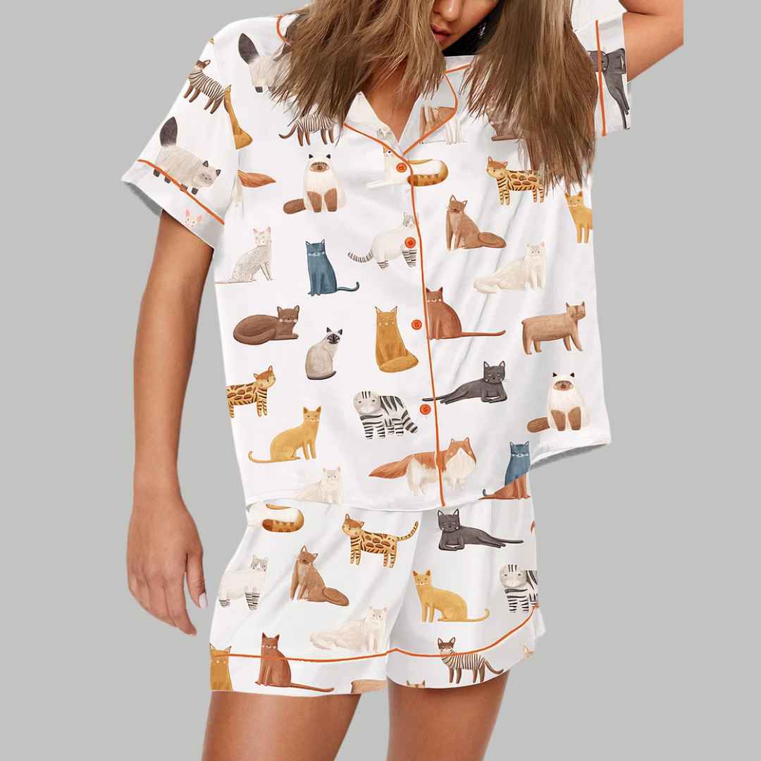 Cat Breeds Short Sleeve Satin Pajama Set