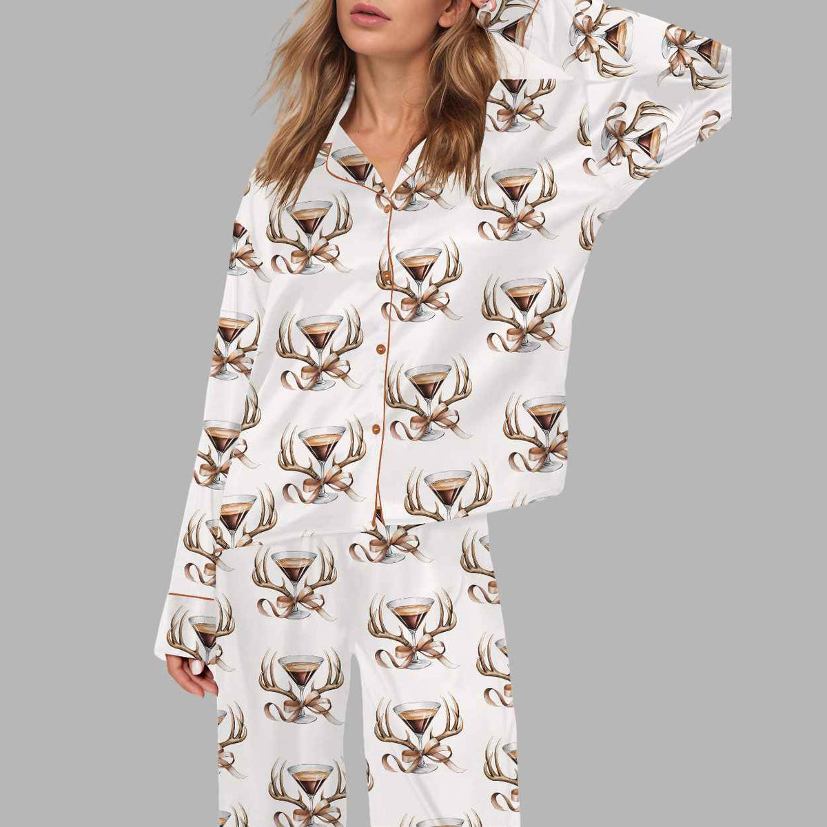 Hunting Antlers Espresso Martini Silky Satin Pajama Set