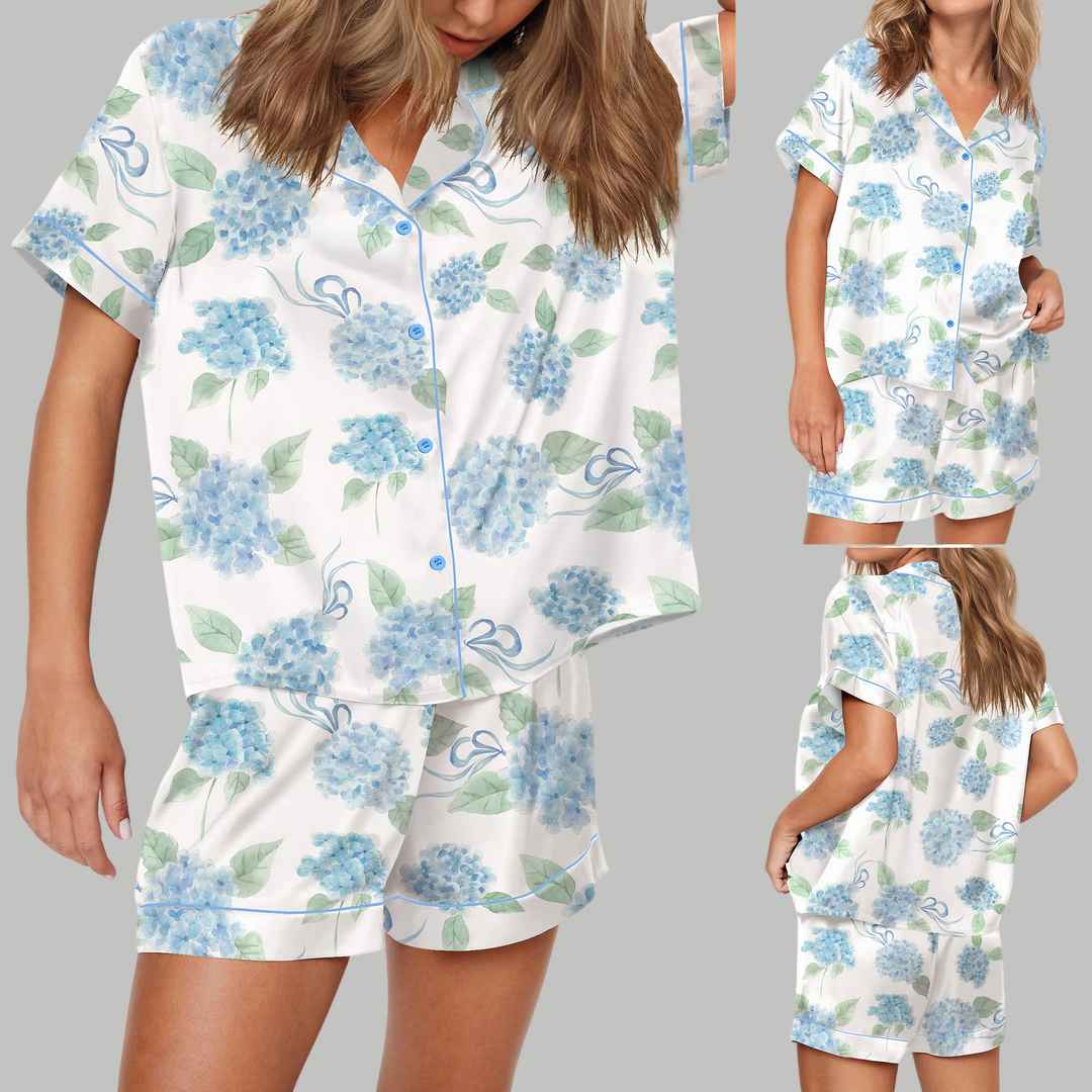 Hydrangeas Pattern Bridesmaids Silky Satin Pajama Set