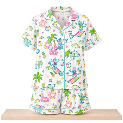 2026 Pool Party Monkey Satin Pajama Set