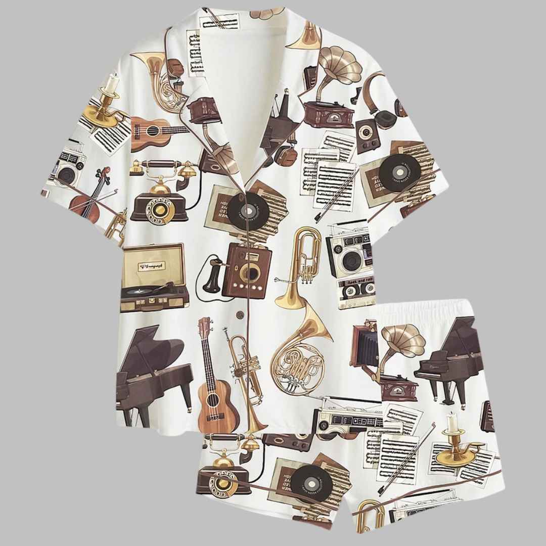 Retro Musical Guitar Instrument Gramophone Piano Pajama Set
