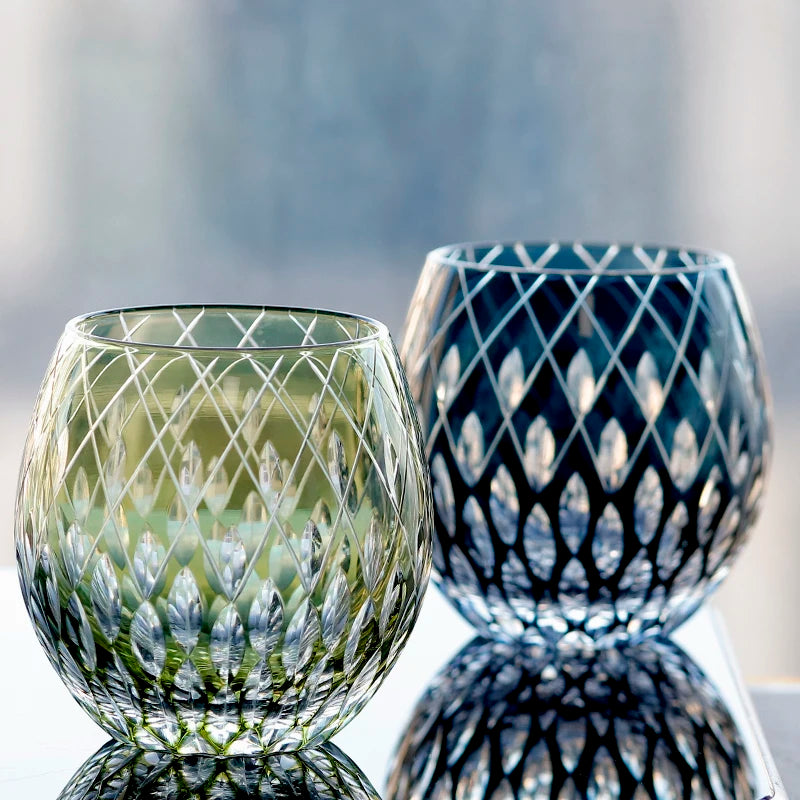 Hand Carved Japanese Style Whiskey Glass, Color Overlay Crystal Old Fashioned Tumbler with Unique Raindrop Shape