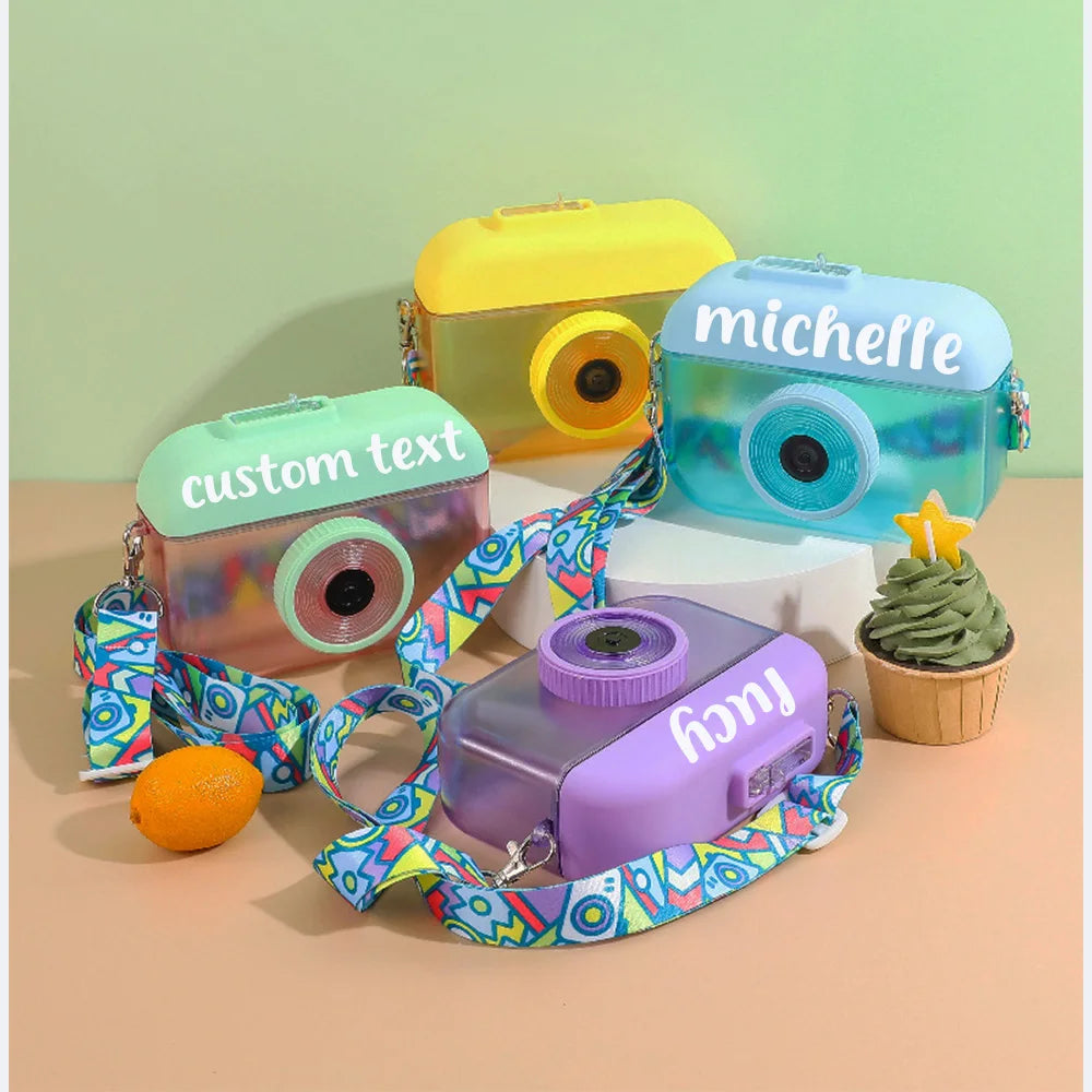 Personalized cartoon camera water bottle with customized text suitable for boys and girls for use in school camping or sports