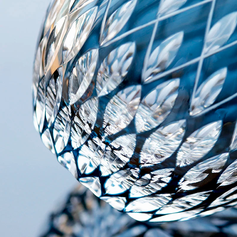 Hand Carved Japanese Style Whiskey Glass, Color Overlay Crystal Old Fashioned Tumbler with Unique Raindrop Shape