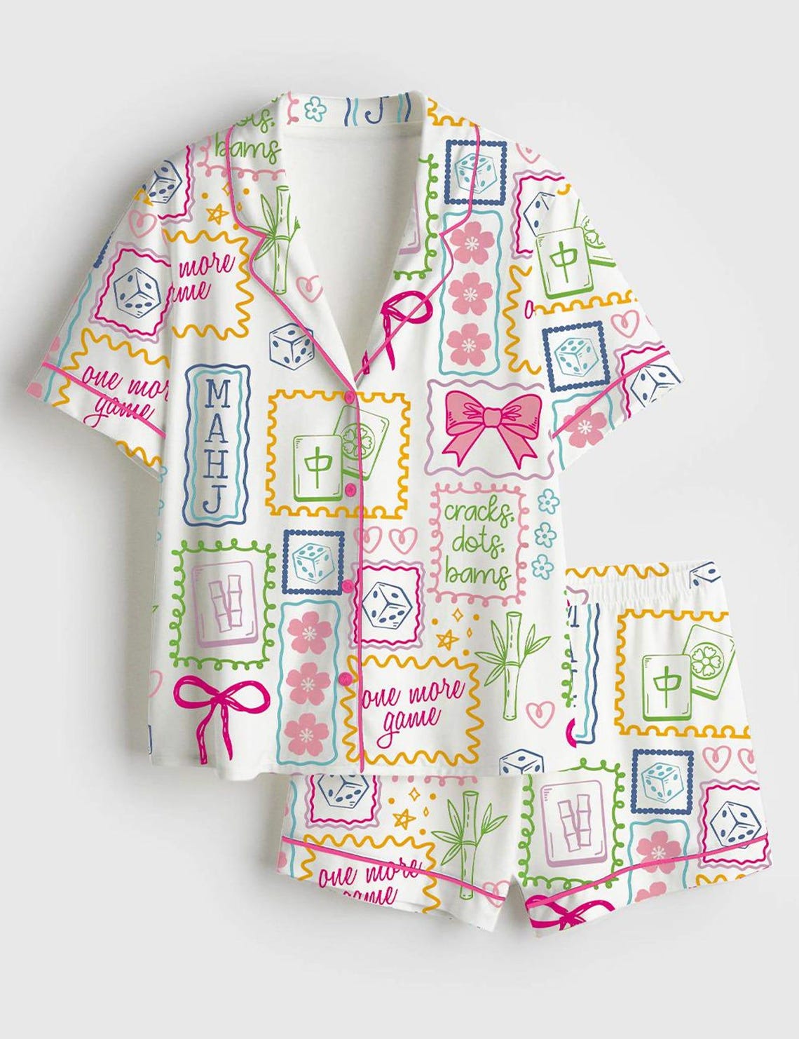 Mahjong Pajama Set, Mahjong Party Pajamas, Pink Mahjong Sleepwear, Mahjong Lover Gift, Women's Button Up Pajamas, Matching PJs