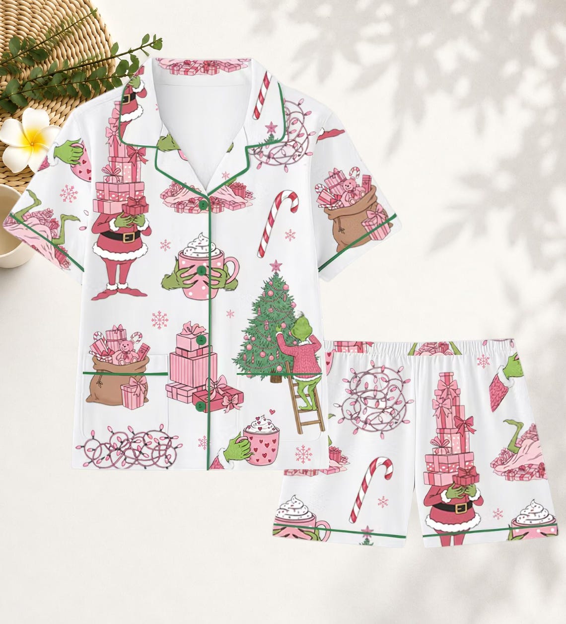 Women’s Pink Christmas Pajama Set, Cute Holiday Tree Print Long Sleeve Pocket Sleepwear, Cozy Family Lounge Set, Christmas Gift