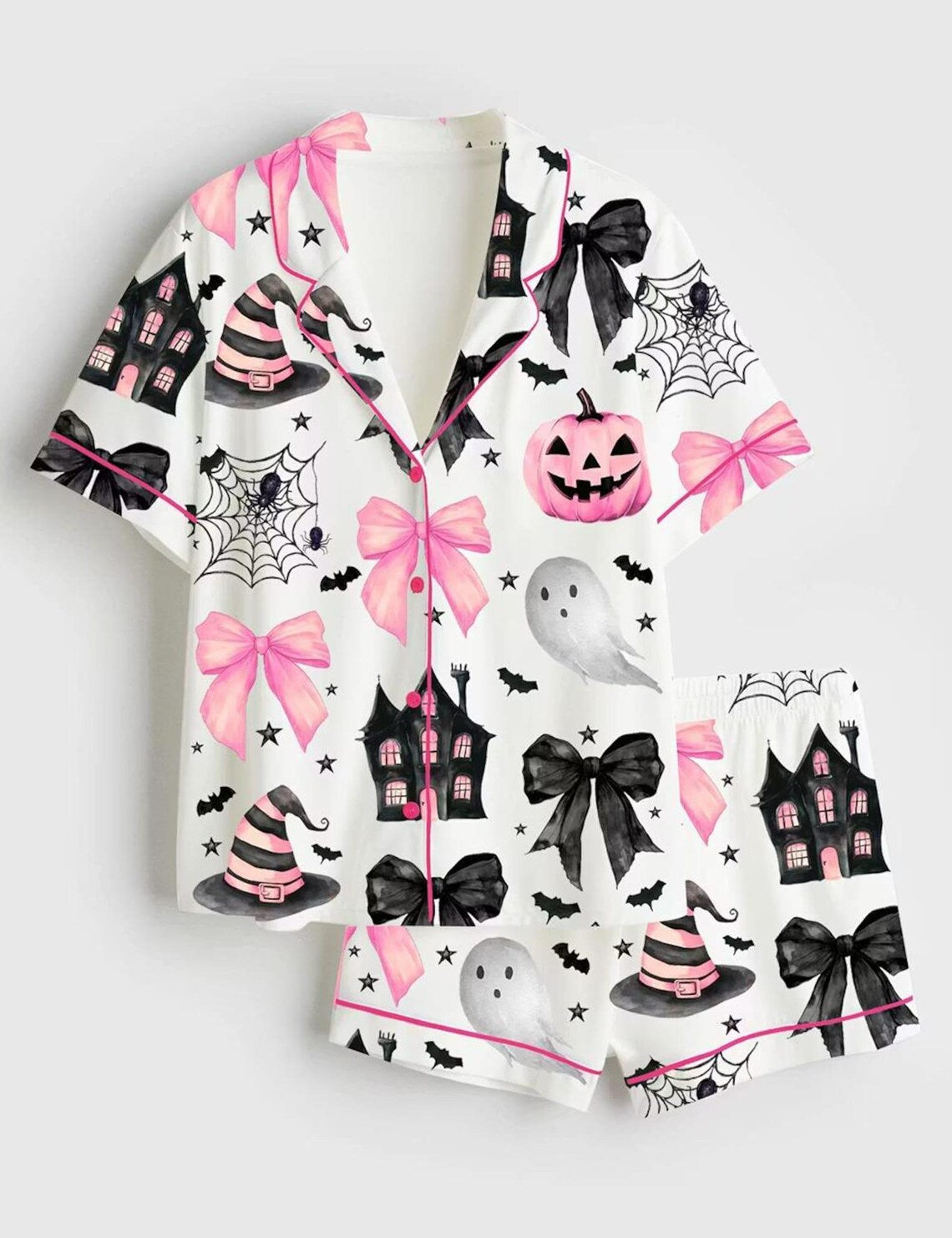 Pink Halloween Pajama Set, Pumpkin Pajamas, Cute Halloween PJs, Women's Button Up Pajamas, Fall Lounge Set, Matching Pajamas