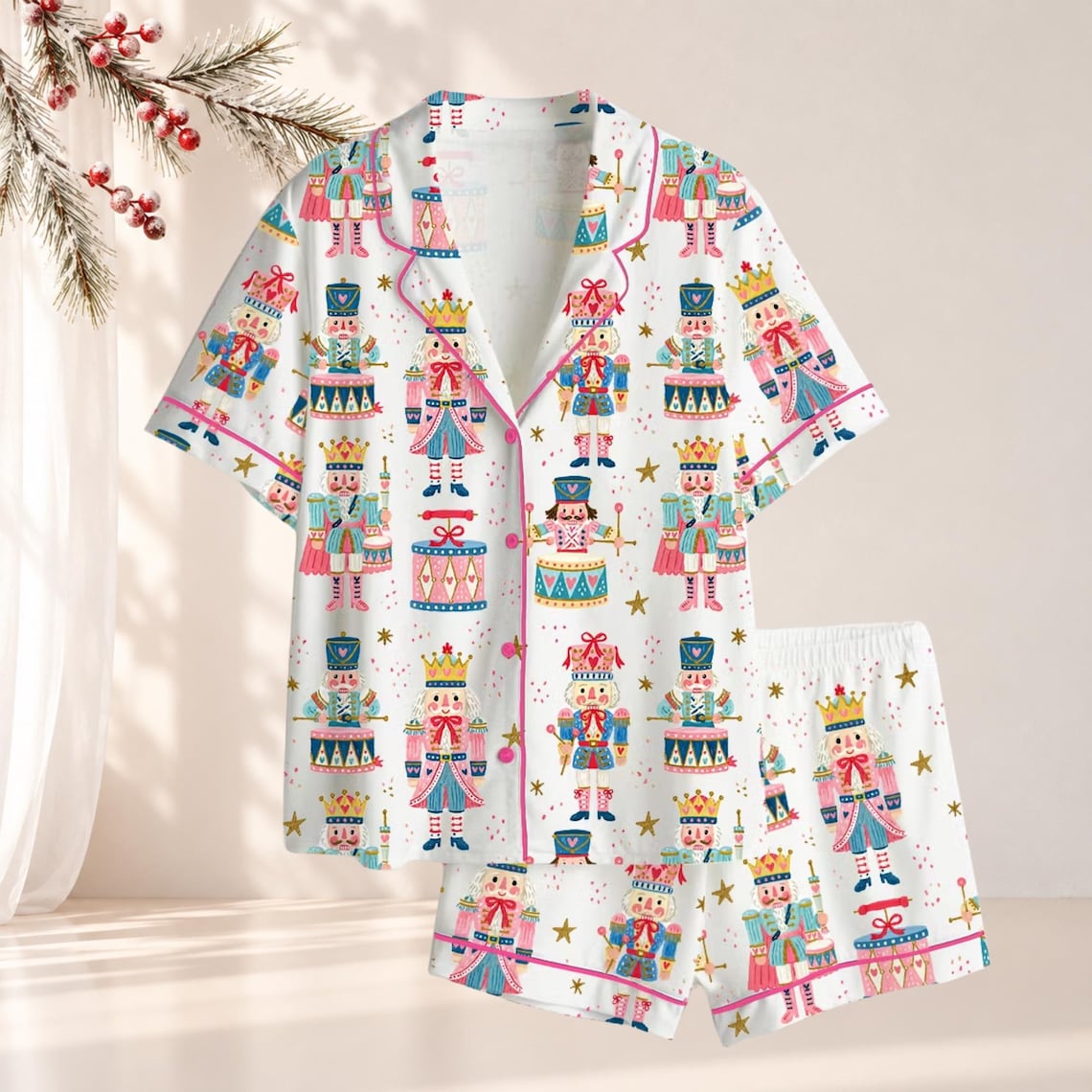 Nutcracker Pajama Set for Women, Pink Christmas Sleepwear, Holiday Gift, Coquette Festive PJs