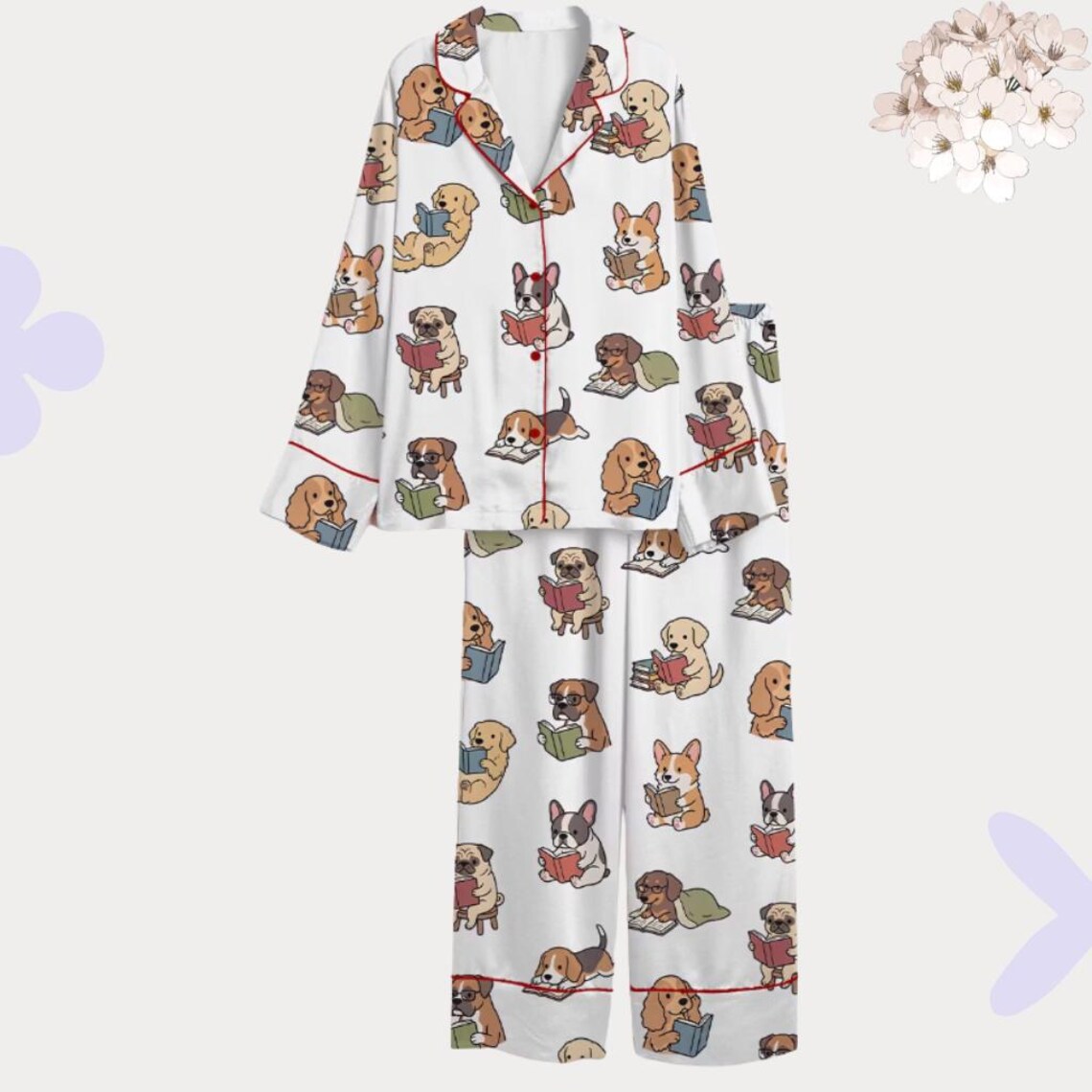 Reading Dog Pajama Set for Women, Book Lover Sleepwear, Dog Lover Lounge Set, Cozy Reading Pajamas, Gift for Bookworm