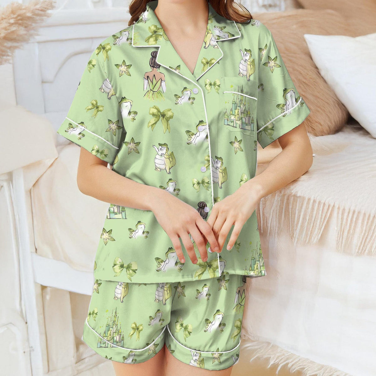 Coquette Bow Tiana Princess Satin Pajamas Short Set,Disney Tiana Pjs,Watercolor Princess Pajamas, The Princess and the Frog Pajamas