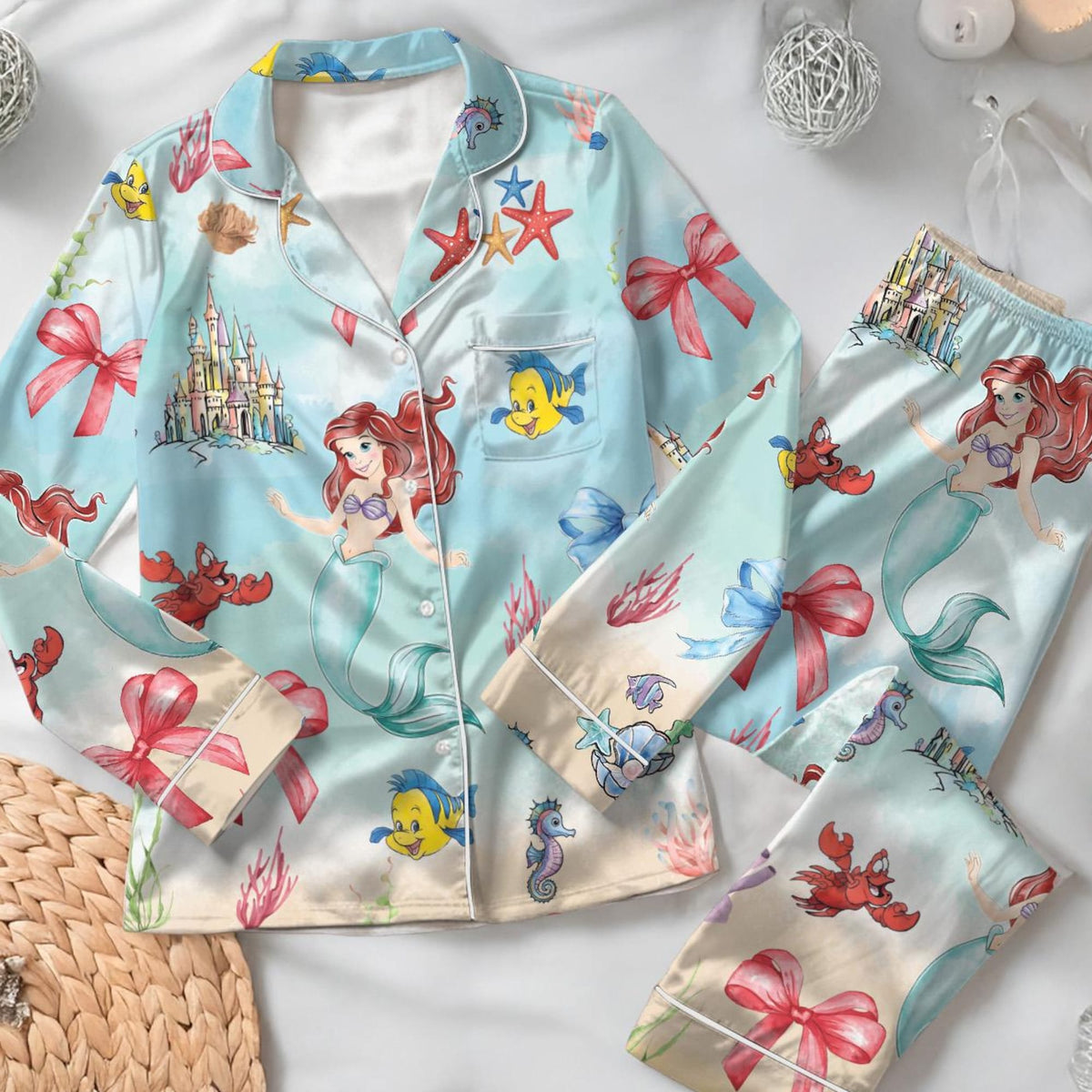 Disney Ariel Pajamas Set, The Little Mermaid Pajamas, Magic Kingdom, Disneyland Girls Trip, Coquette Bow Ariel Princess Pajamas