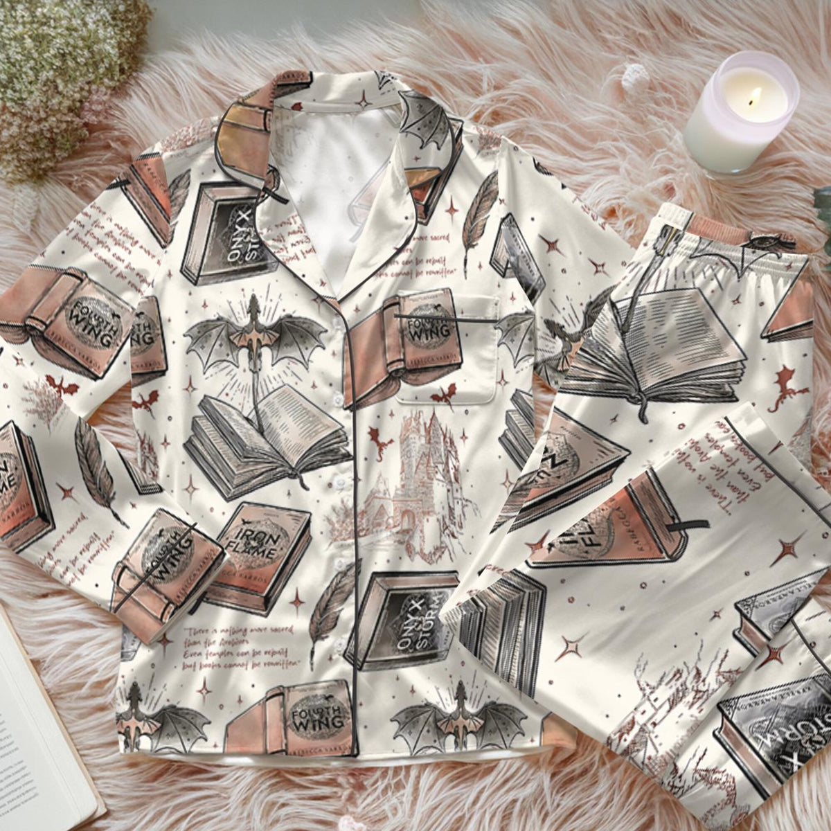 Fourth Wing Fantasy Bookish Satin Pajamas Set, Dragon Rider Bookish Loungewear Set, Romantasy Satin Sleepwear