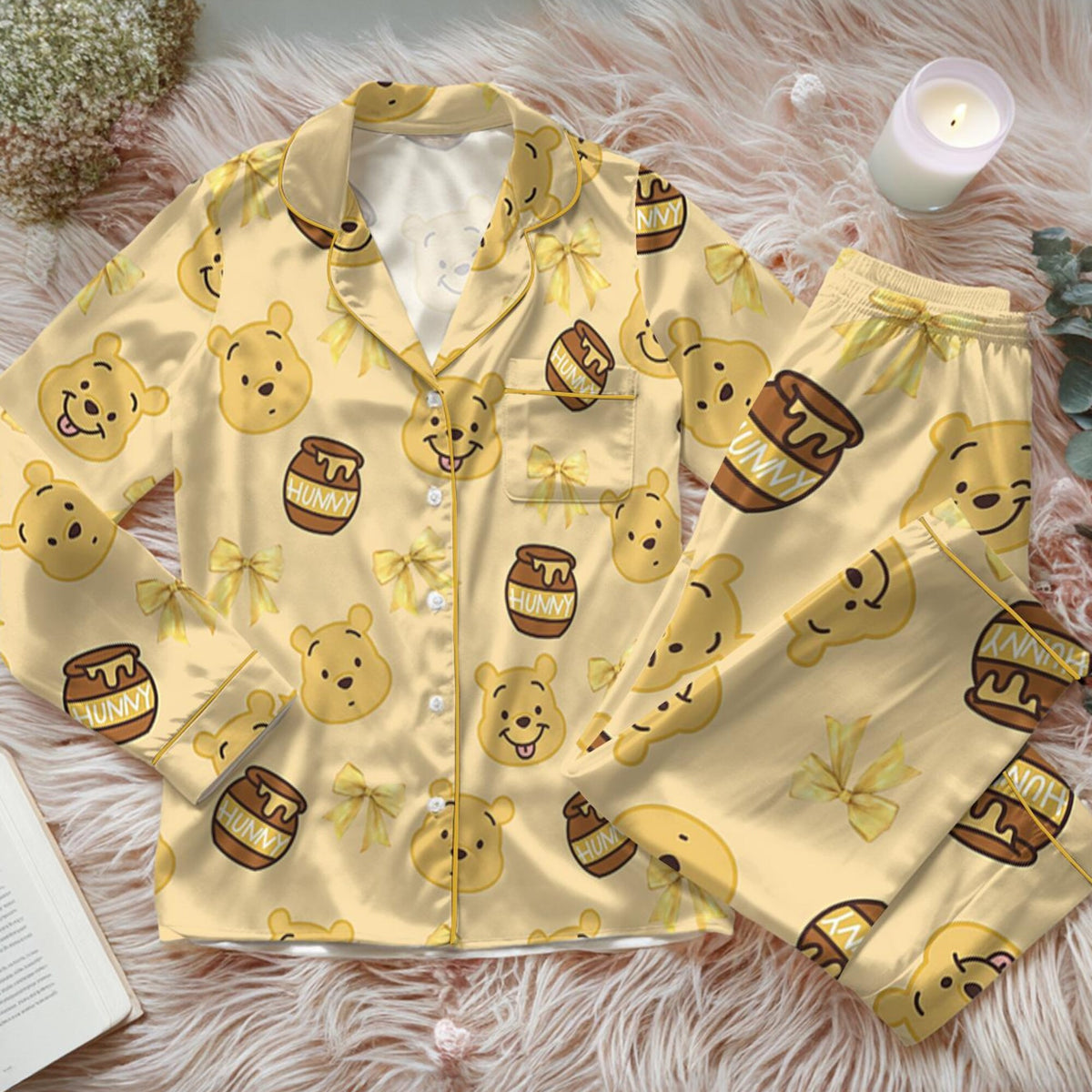 Disney Coquette Pooh Bear Satin Pajamas Set, Winnie the Pooh Loungewear, Retro Disney Pooh Sleepwear
