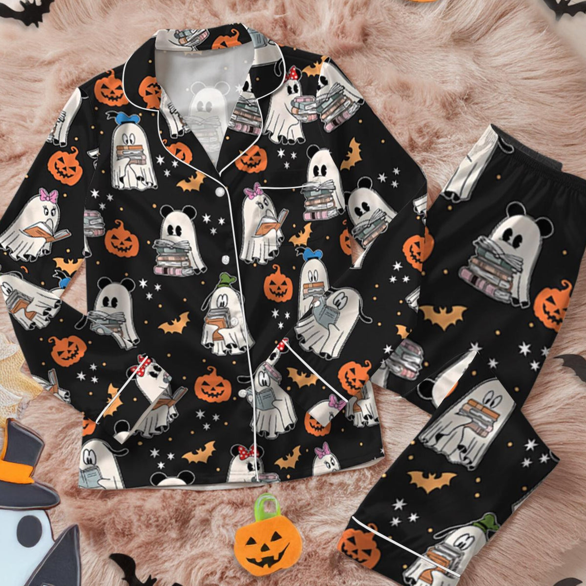 Disney Mickey Minnie Ghost Reading Books Satin Pajamas Set, Bookish Halloween Mickey And Friends, Spooky Season Gift