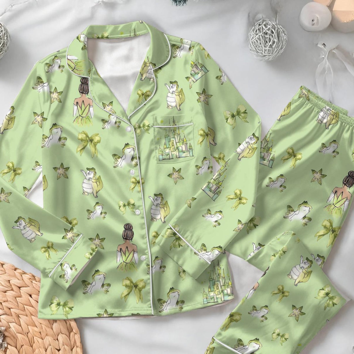 Tiana Princess And The Frog Pajamas Set, Coquette Bows Disney Women Pajamas, Princess Tiana Holiday Pajamas, Disney Cartoon Pjs