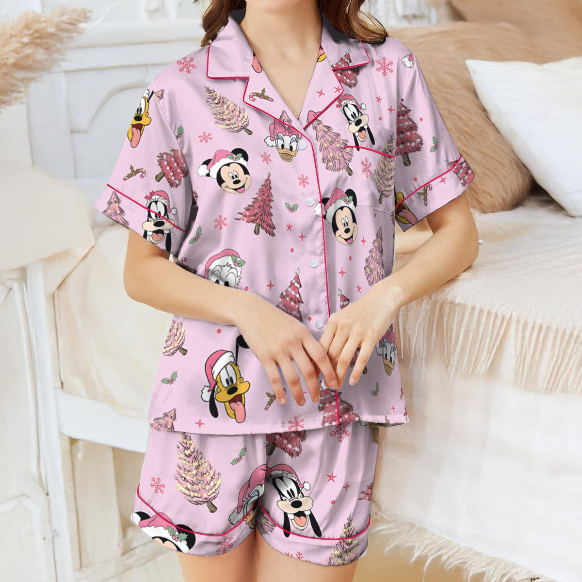 Disney Mickey & Friends Christmas Pink Tree Pyjamas Set, Pink Christmas Tree Pjs, Mickey's very merry Christmas shirt, WDW Disneyland trip
