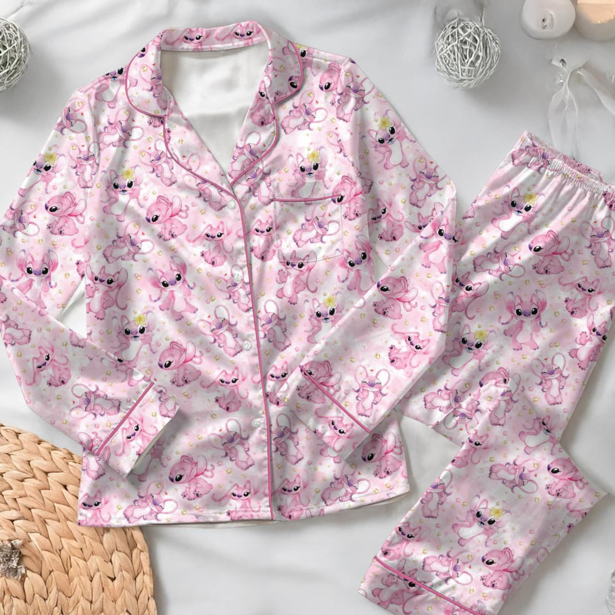 Disney Stitch Pajamas Set, Pink Angel Womens Pajamas, Stitch Angel Pajamas, Lilo and Stitch Pink Loungewear, Disney Honeymoon Gift