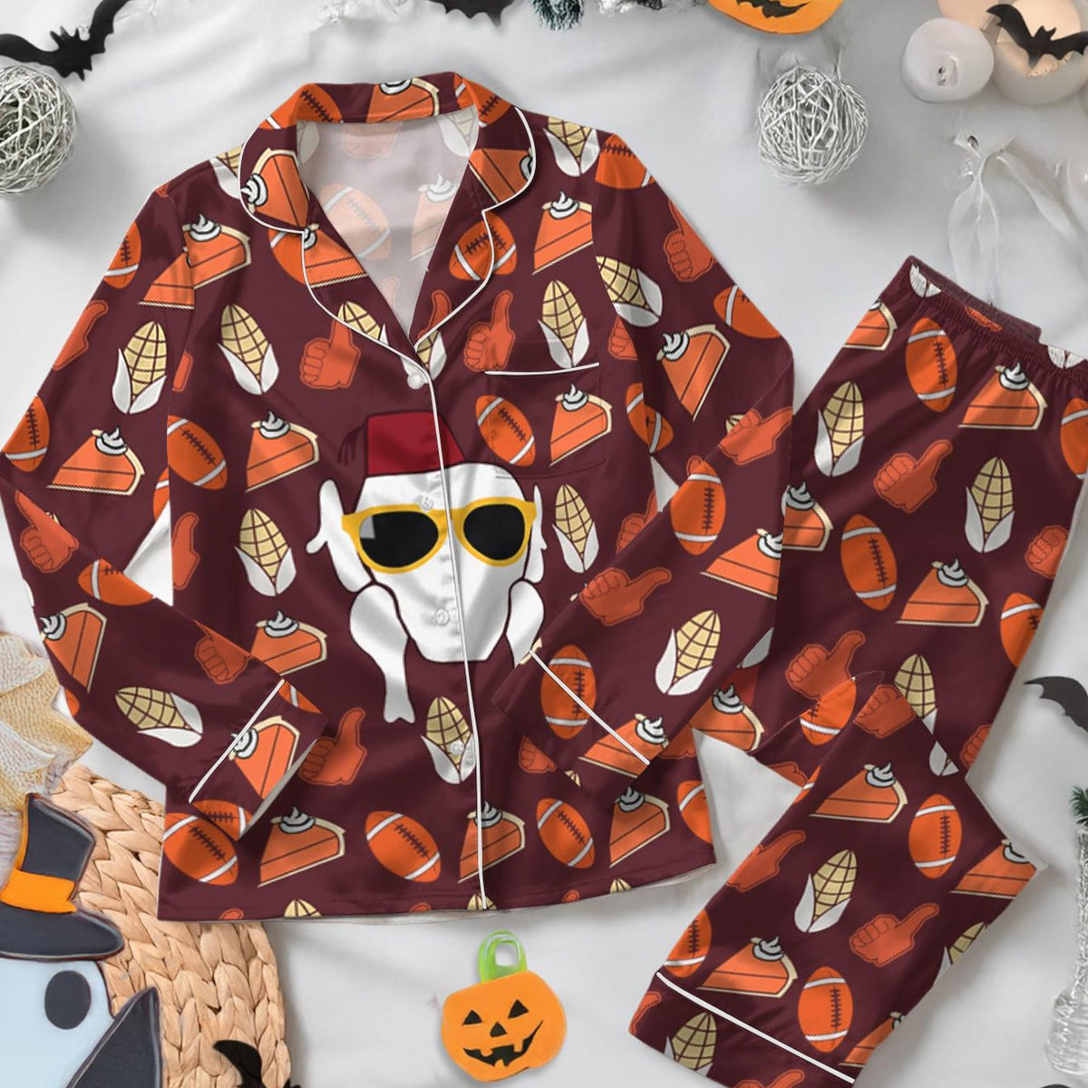Fun Friends Thanksgiving Satin Pajamas Set, Friends Turkey Thanksgiving Pajamas, Happy Friendsgiving Turkey Shirt