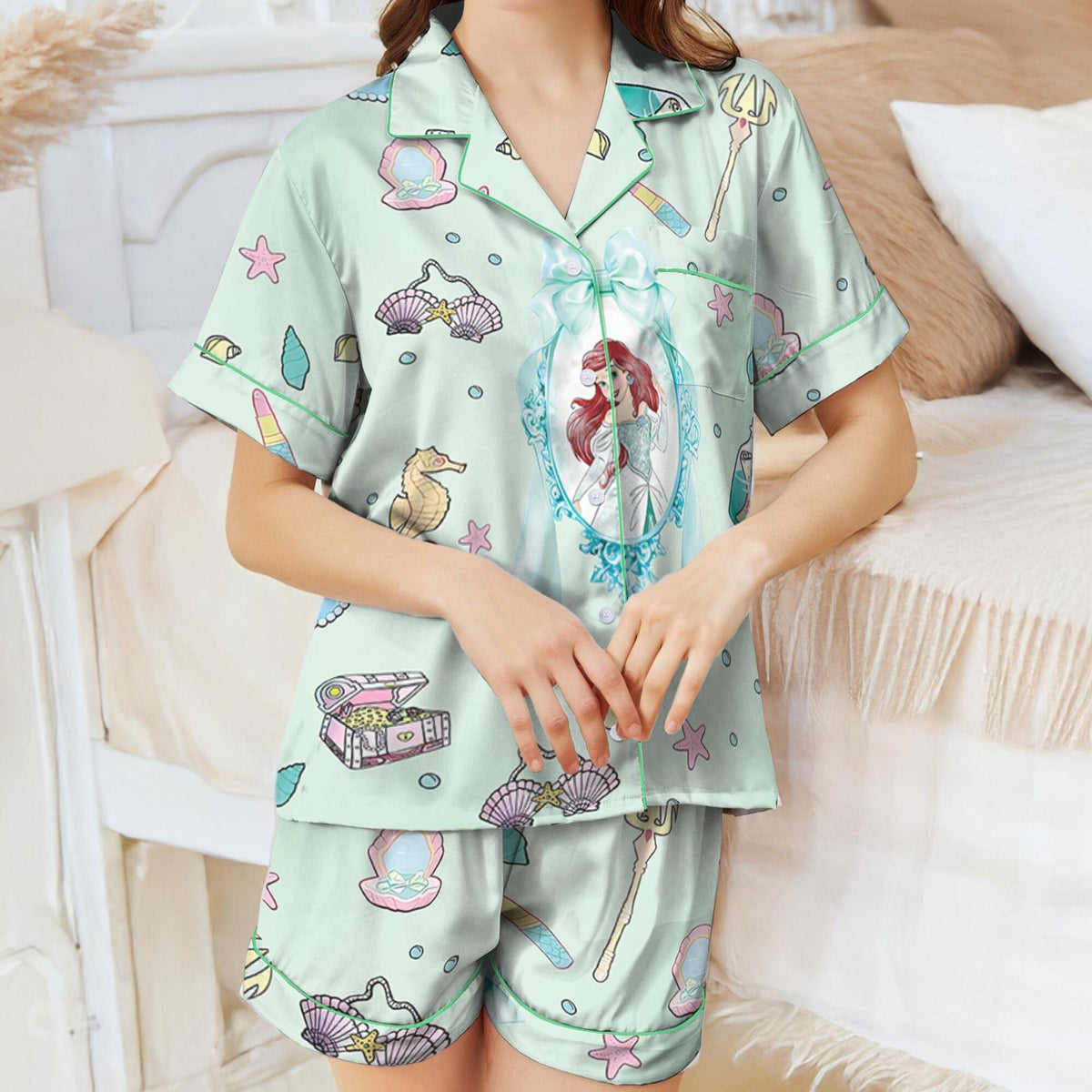Ariel Mermaid Satin Pajama Set, Disney Princess Silk Pajamas, Little Mermaid Sleepwear for Girls