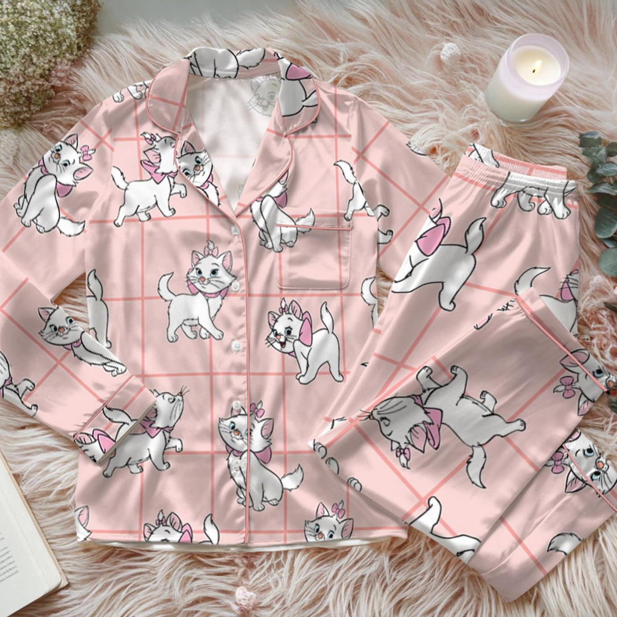 Disney Aristocats and Dalmatians Satin Pajamas Set, The Aristocats Marie Cat Pajama, Perdita And Pongo 101 Dalmatians Pajamas