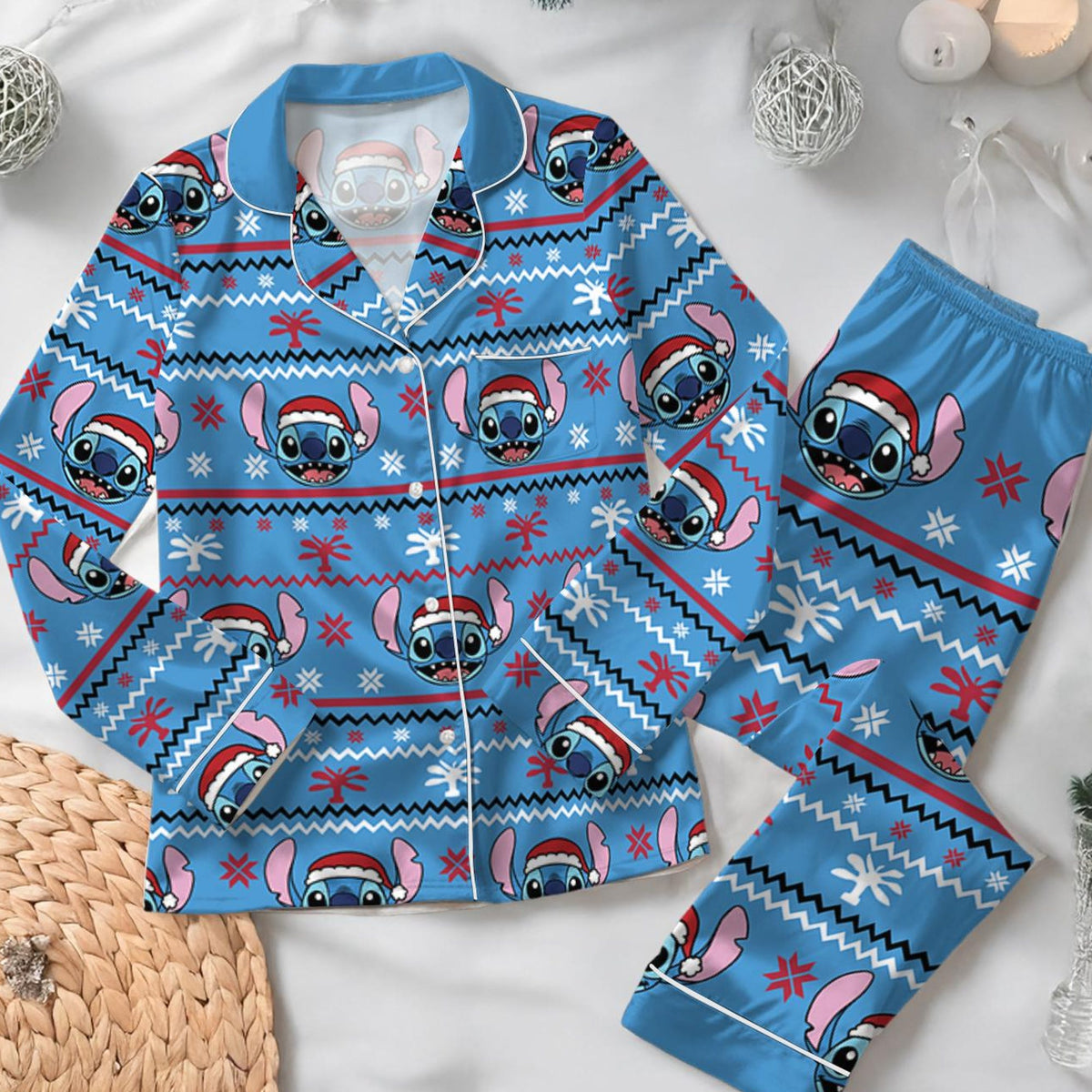 Disney Christmas Stitch Satin Pajamas Set, Ohana Means Family Pjs, Lilo And Stitch Sleepwear, Disney Cartoon Christmas Pajamas