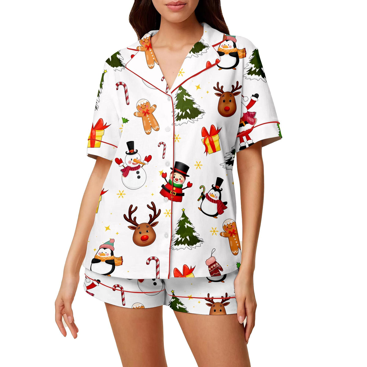 Snowman & Reindeer Christmas Pajama Set – Satin Holiday Sleepwear