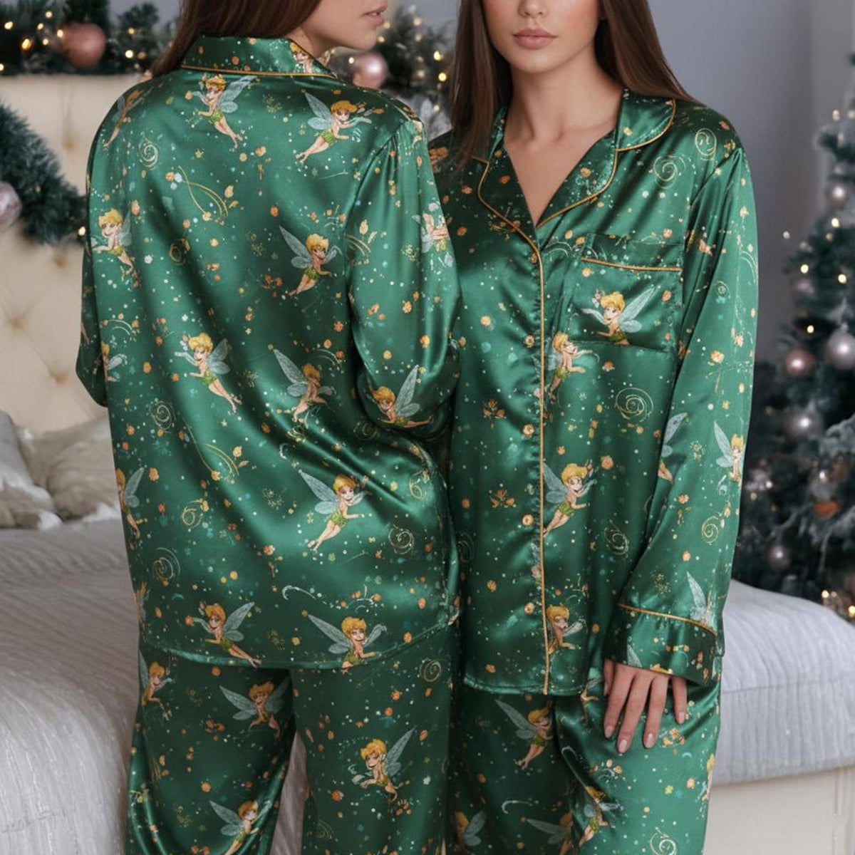 Disney Tinker Bell Satin Pajamas Set, Disney Fairytale Pjs, Disneyland Fairy Magical Movie Cartoon Pajamas, Tinker Bell Sleepwear