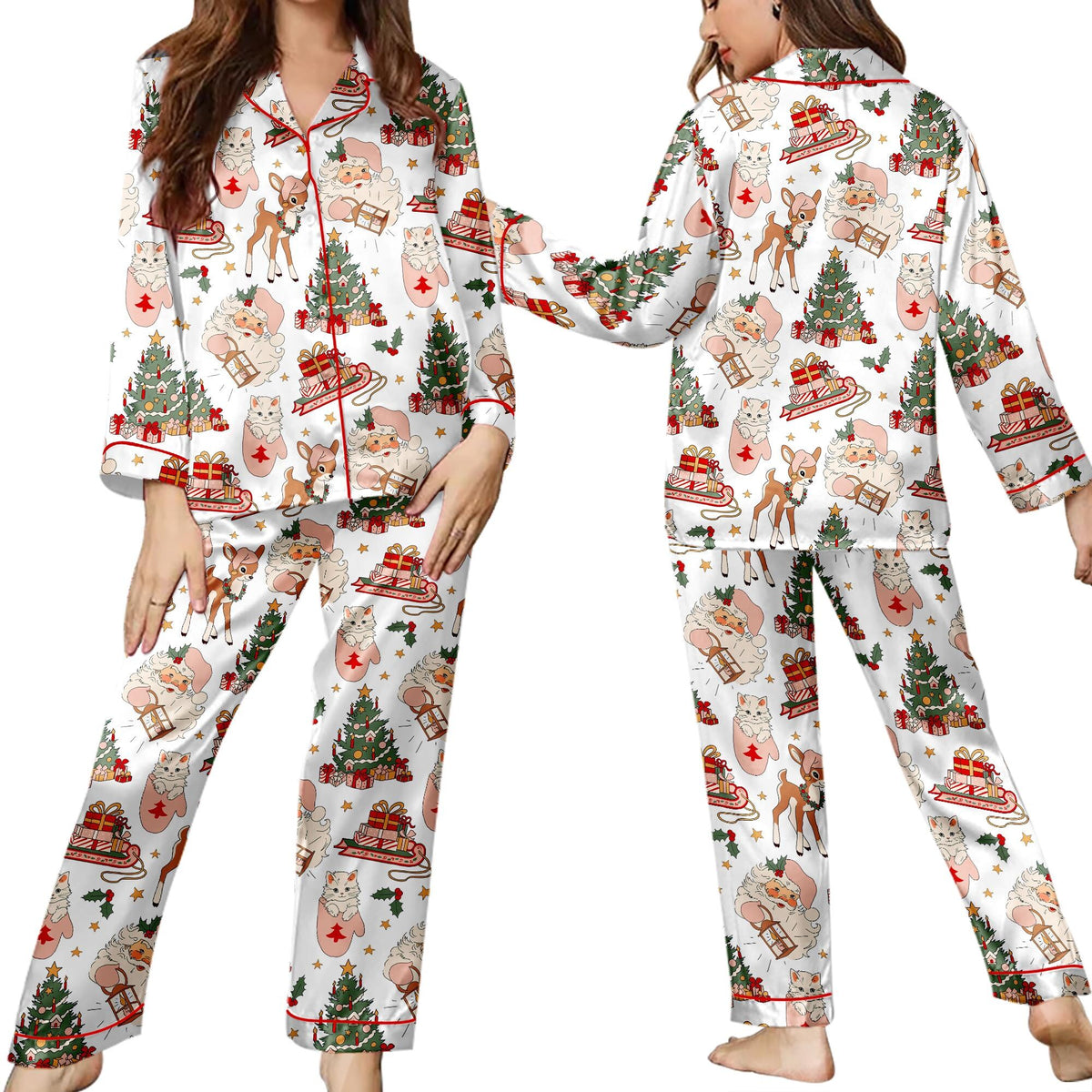 Santa & Reindeer Christmas Pajamas for Women, Festive Holiday Sleepwear