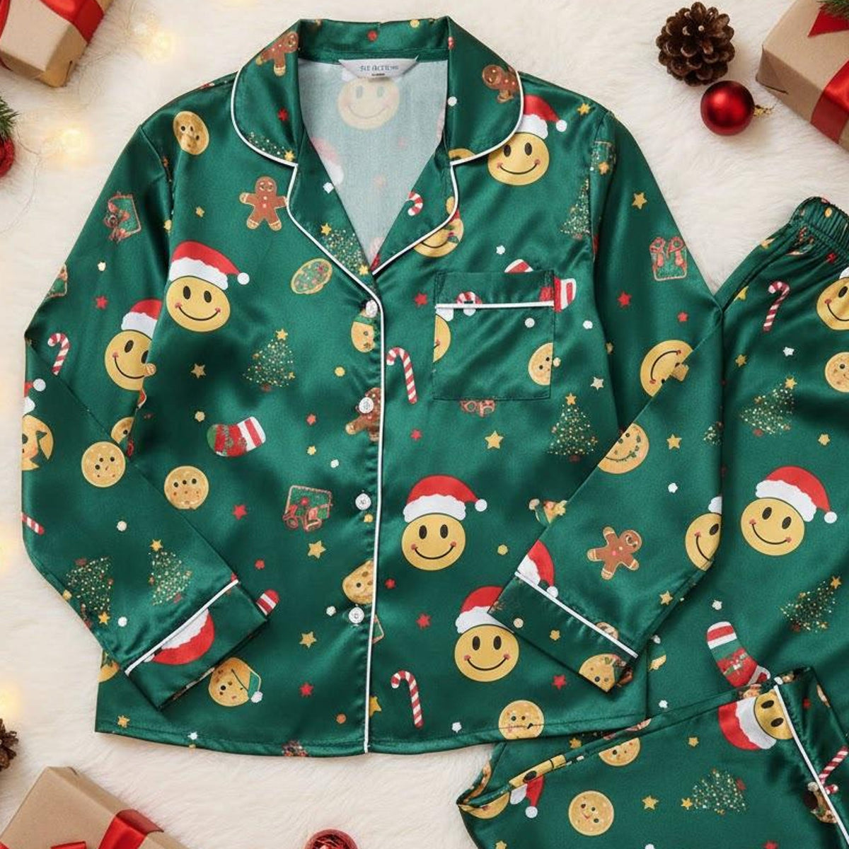 Christmas Smiley Face Satin Pajamas Set, Happy Christmas Pajamas Set, Christmas Sleepwear, Christmas pjs for Family, Christmas Gifts