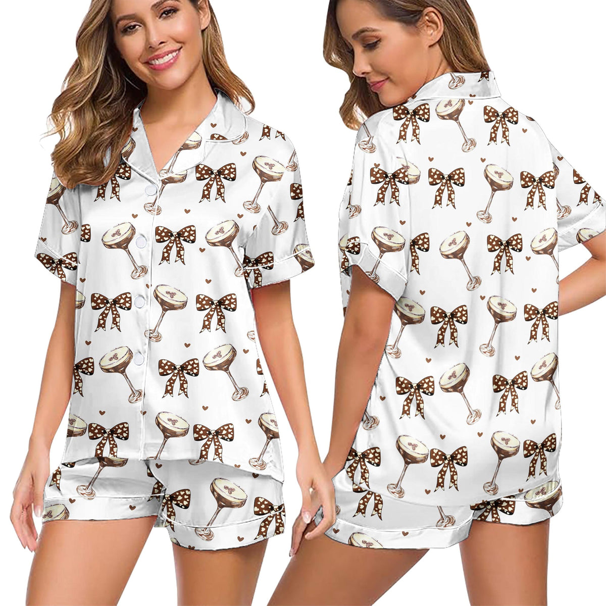 Champagne Satin Pajama Set – Bow & Wine Glass Holiday Sleepwear
