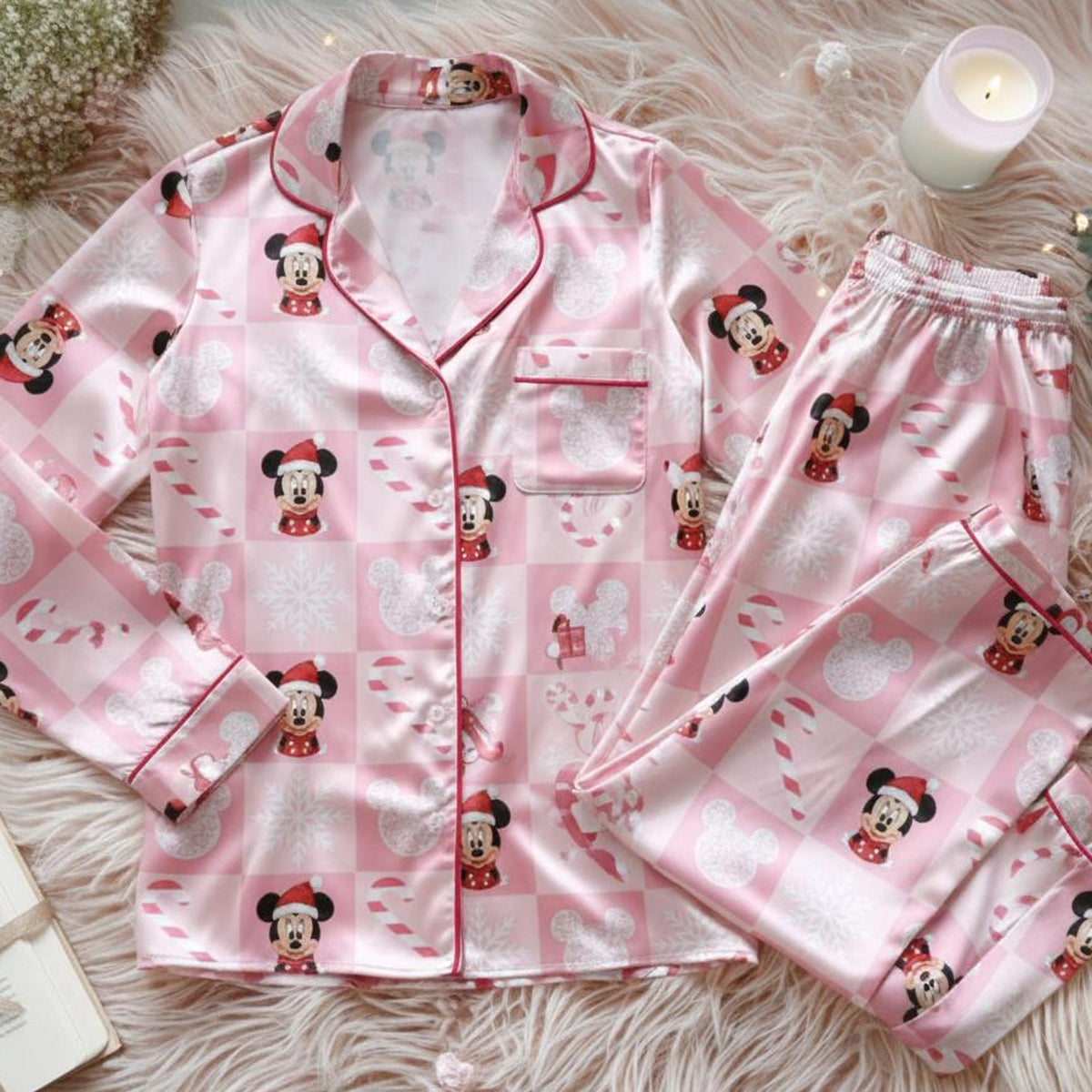 Disney Minnie Christmas Satin Pajamas Set, Mickey's Very Merry Christmas Party Sleepwear, Disneyland Xmas Pjs, Minnie Mouse Pajamas