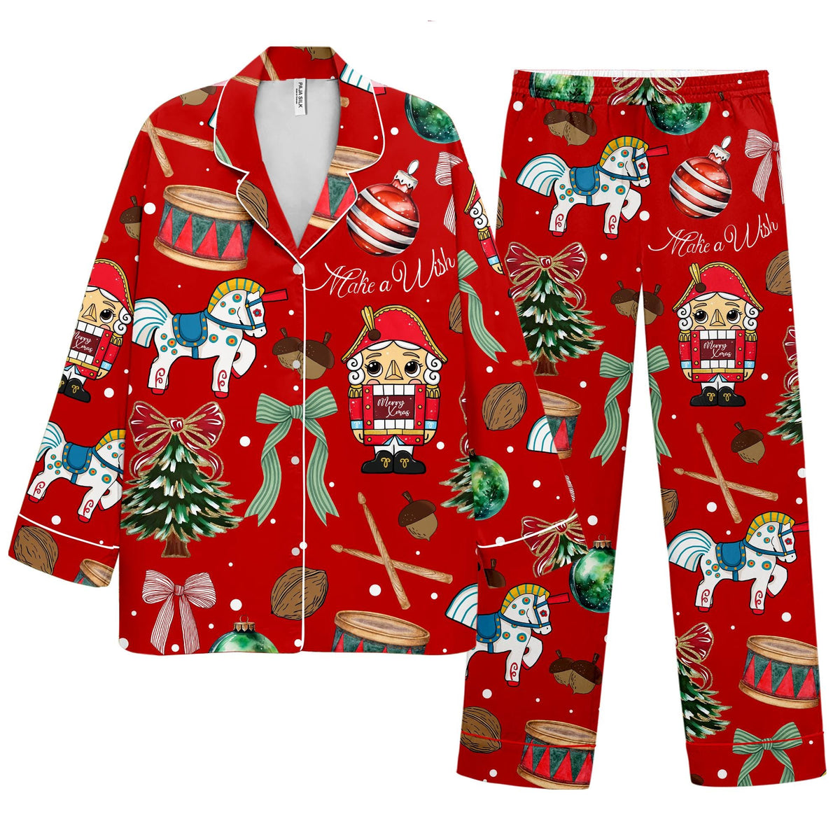 Nutcracker Christmas Pajama Set – Satin Holiday Sleepwear, Xmas Gift PJs