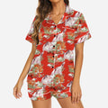 Red Tiger Satin Pajamas for Women, Asian Bamboo Print Sleepwear
