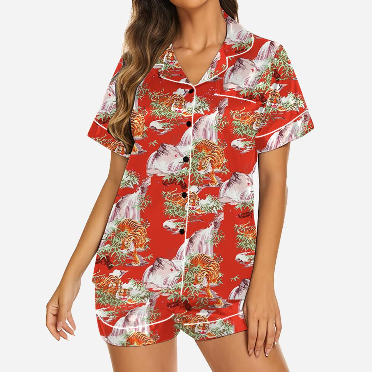 Red Tiger Satin Pajamas for Women, Asian Bamboo Print Sleepwear