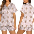 Women's Satin Christmas Pajama Set – Pink Gingerbread & Tree Print Sleepwear, Cozy Holiday Loungewear