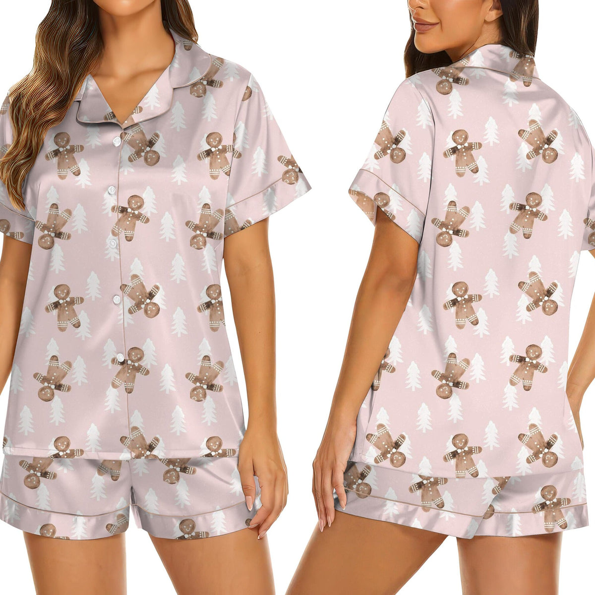 Women's Satin Christmas Pajama Set – Pink Gingerbread & Tree Print Sleepwear, Cozy Holiday Loungewear