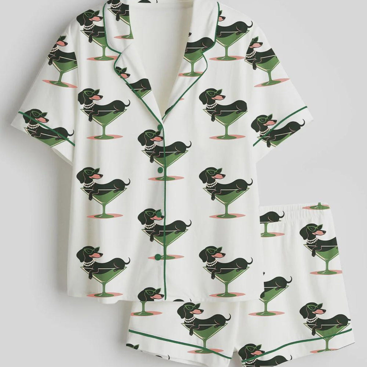Aesthetic Cocktail Pajama Set, Dirty Martini & Hot Dog Print, Preppy Loungewear