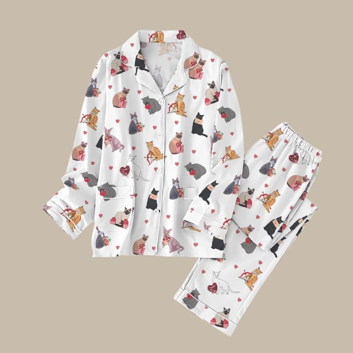 Valentine Cat Pajama Set, Cat Mom Gift, Heart Print