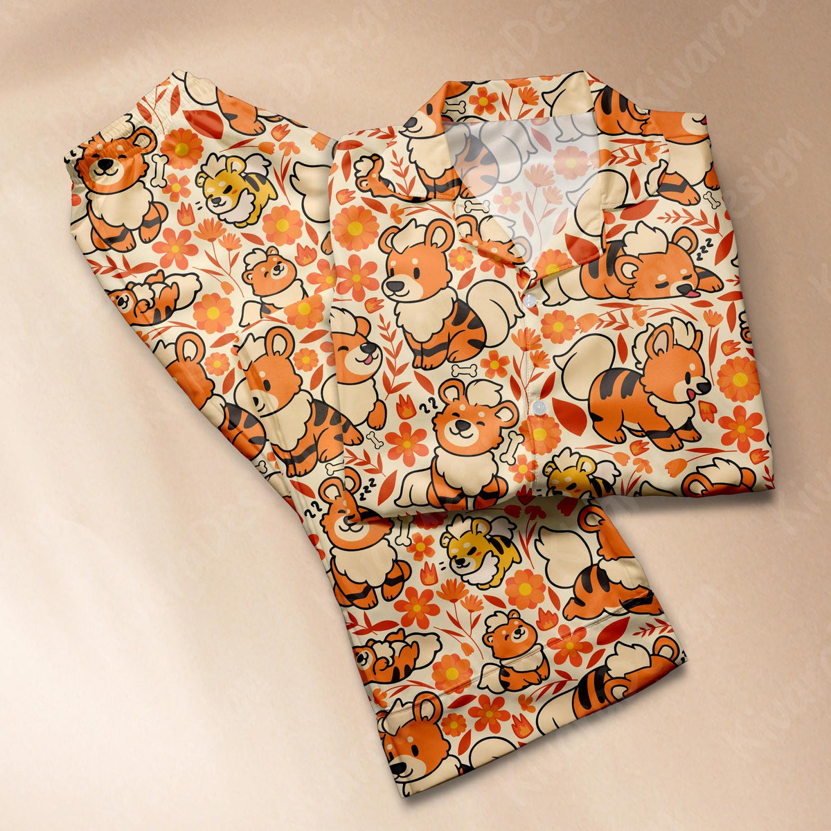 Growlithe Art Pajama Set, Summer Beach Soft Polyester Anime Sleepwear Gift Gamer Cozy Set