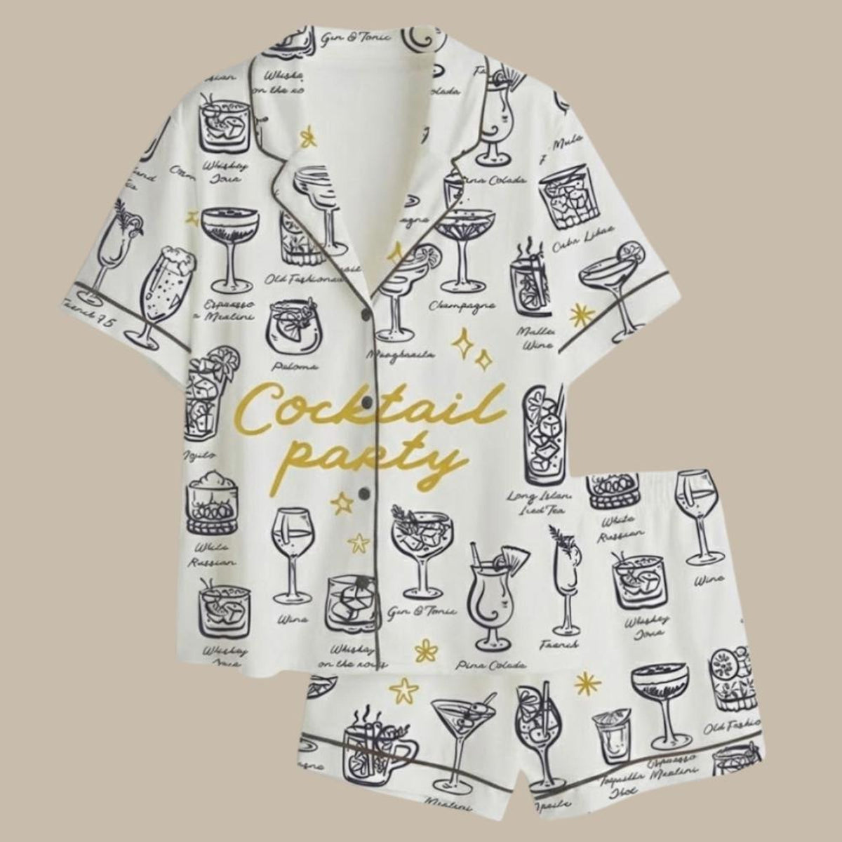 Satin Cocktail Party Pajama Set, Short Sleeve Bridal Party Sleepwear, Drink Pattern