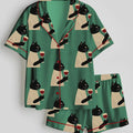 Black Cat Drinking Wine Women’s Pajamas – Short & Long Pajama Sets, Cute Cat Sleepwear
