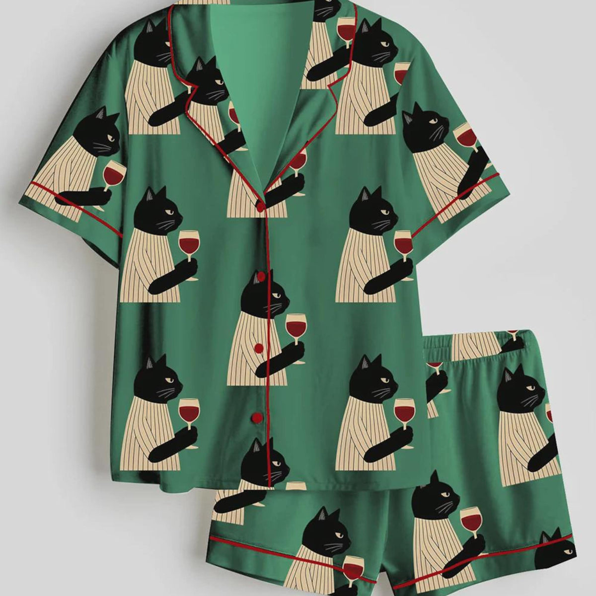 Black Cat Drinking Wine Women’s Pajamas – Short & Long Pajama Sets, Cute Cat Sleepwear