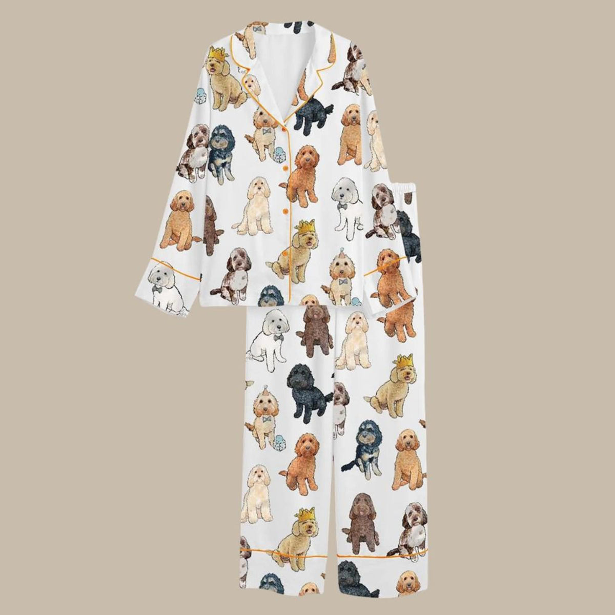 Goldendoodle Dog Print Satin Pajama Set, Unisex Sleepwear Loungewear