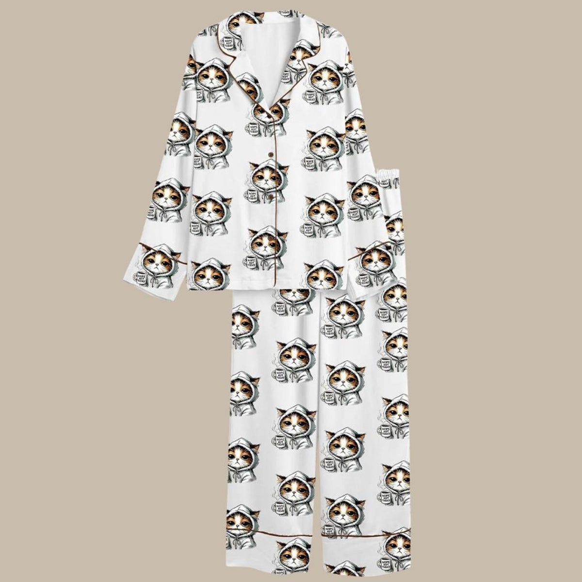 Nope Not Today Cat Satin Pajamas, Coffee Kitten Loungewear, Grumpy Cat Sleepwear Set