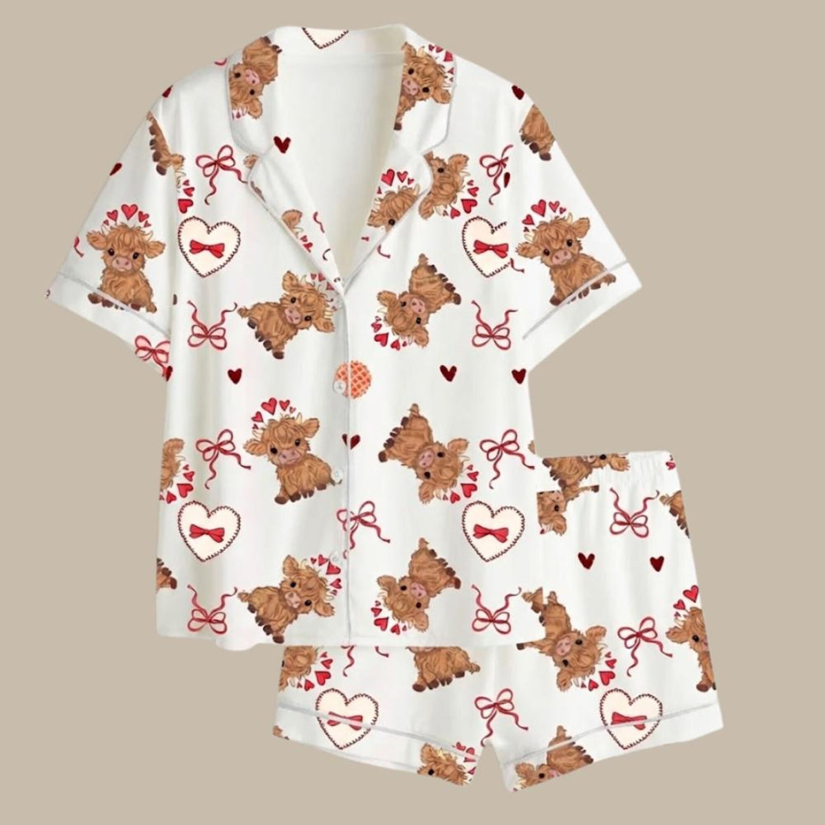 Highland Cow Satin Pajama Set, Valentine's Day Loungewear