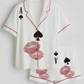 Valentine Playing Card Pajama Set for Women, Ace of Spades Kiss Long Sleeve Satin Sleepwear