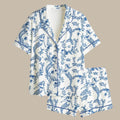 Mermaid Print Pajamas Set, Blue Toile Women Sleepwear, Coastal Grandmother Loungewear, Cute Ocean Theme PJs, Soft Satin Pajama Set for Her