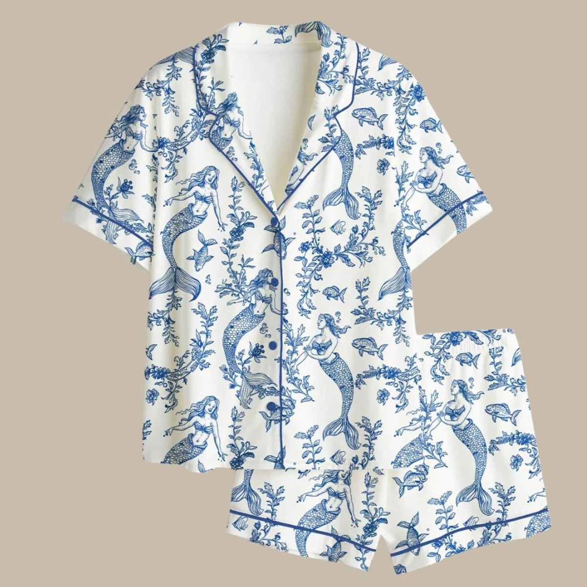 Mermaid Print Pajamas Set, Blue Toile Women Sleepwear, Coastal Grandmother Loungewear, Cute Ocean Theme PJs, Soft Satin Pajama Set for Her