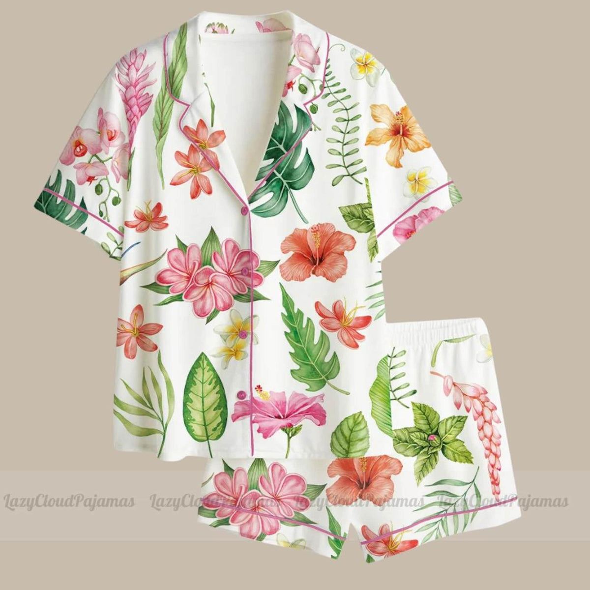 Women's Watercolor Tropical Flowers And Leaves Hawaii Wedding Short-Long Sleeve Satin Pajama Set
