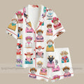Cat Print Pajama Set, Women's Satin Sleepwear, Summer Lounge Set